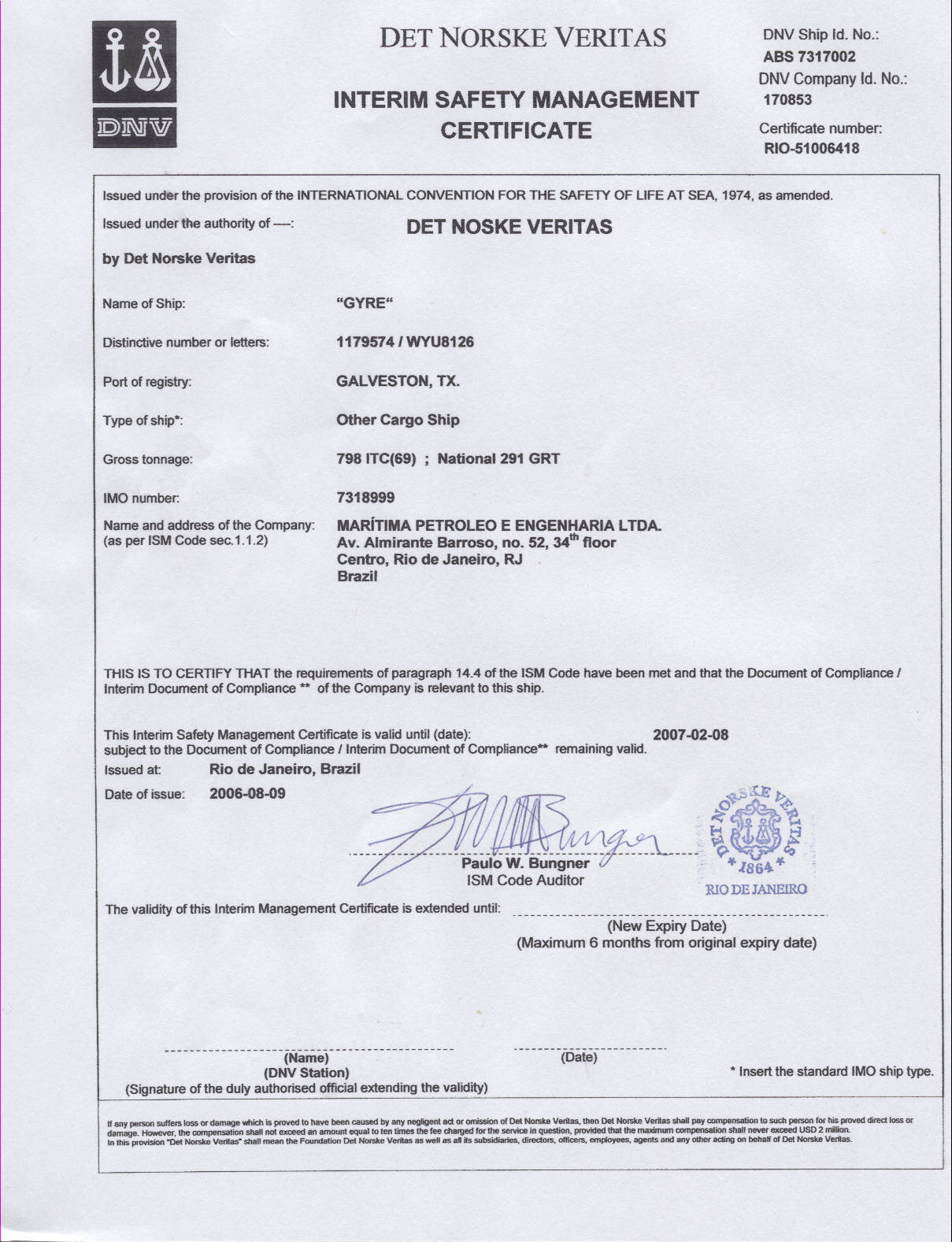 Cargo Ship Safety Construction Certificate